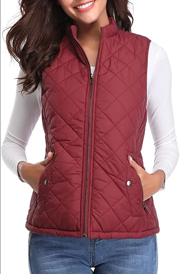 Women Sleeveless Zip Up Vest Mandarin Collar Puffer Jacket 2023 Fall Lightweight Black Pink Khaki Red Coffee Coats with Pockets