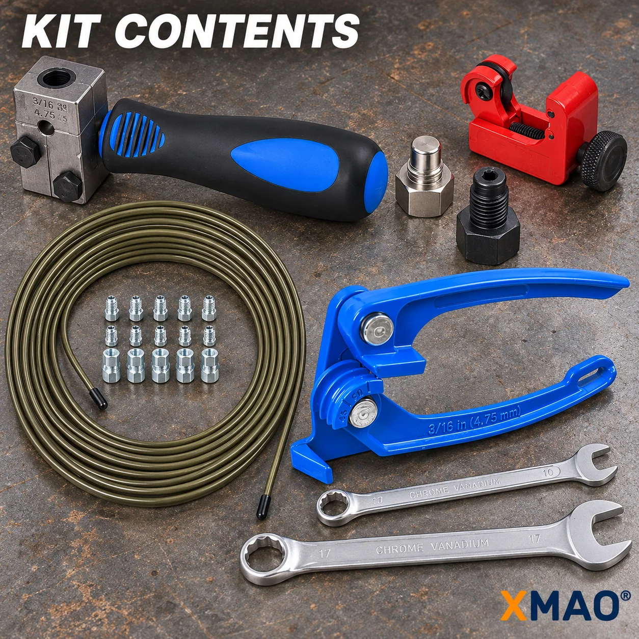 Copper Brake Pipe Flaring Tool Set 3/16 in 4.75 mm DIN SAE Brake Line Service Kit with Cutter, Bender and Flaring Dies Set