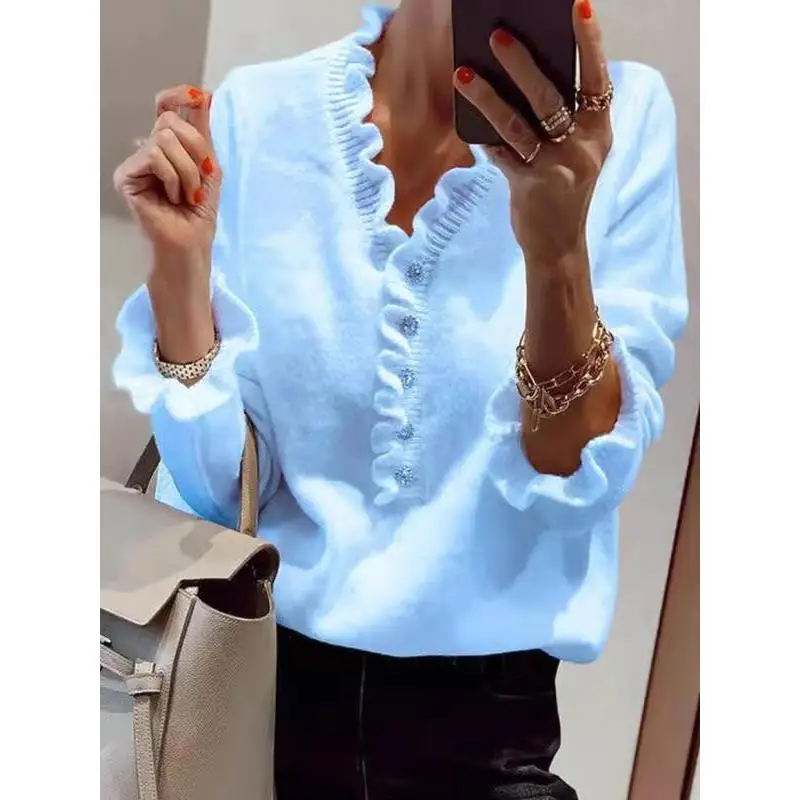 

Женский вязаный свитер Ele Long Sve с рюшами, зимний, модный, повседневный, удобный, с жемчужной отделкой