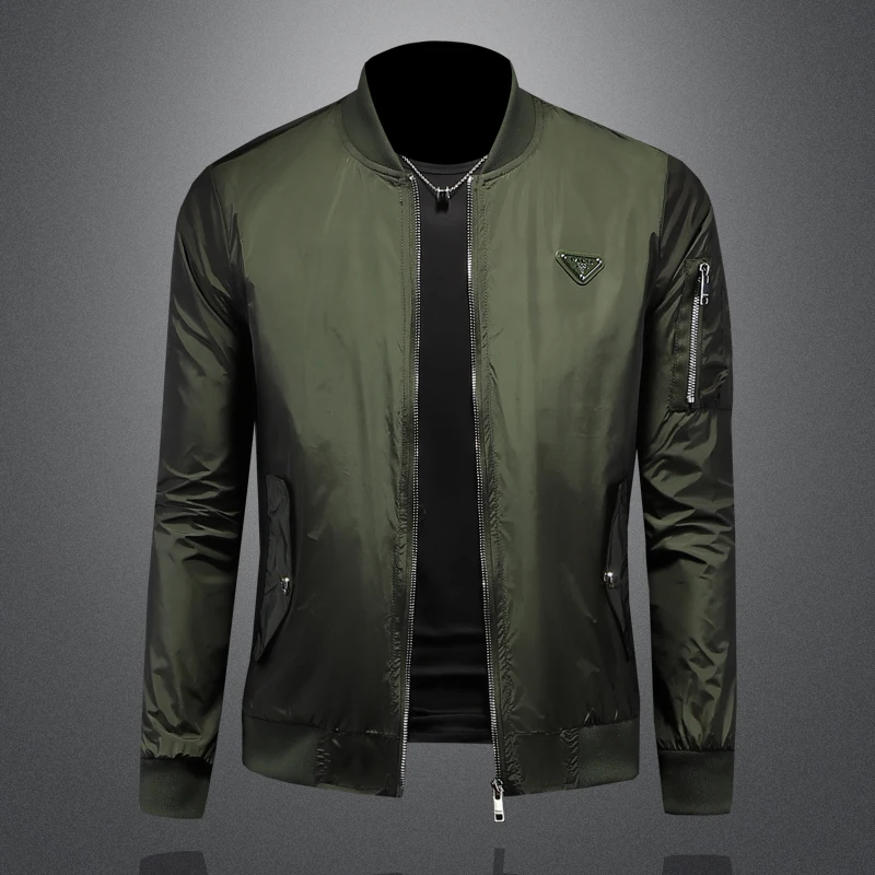 

New standing collar long sleeved jacket, bomber zipper side pocket baseball jacket, luxurious and fashionable men's jacket