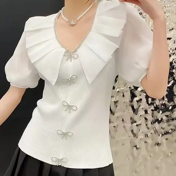 

Heavy Duty Handmade Rhinestone Chain Bow Knit Top Women 2025 Summer Fashionable Chic Slim Fit Short Sleeve Blouse Female Clothes