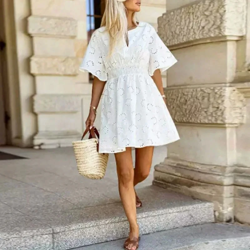 

Summer New High Waist Hollow Out Pleated Dress Fashion Lady Commute Mini Dress Elegant Solid Color O-neck Lace Party Short Dress