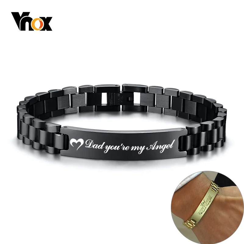 Vnox Personalized Heart Thanks Quotes to Dad Men Bracelet Stainless Steel Casual Gents Customized Meaningful Father's Day Gift