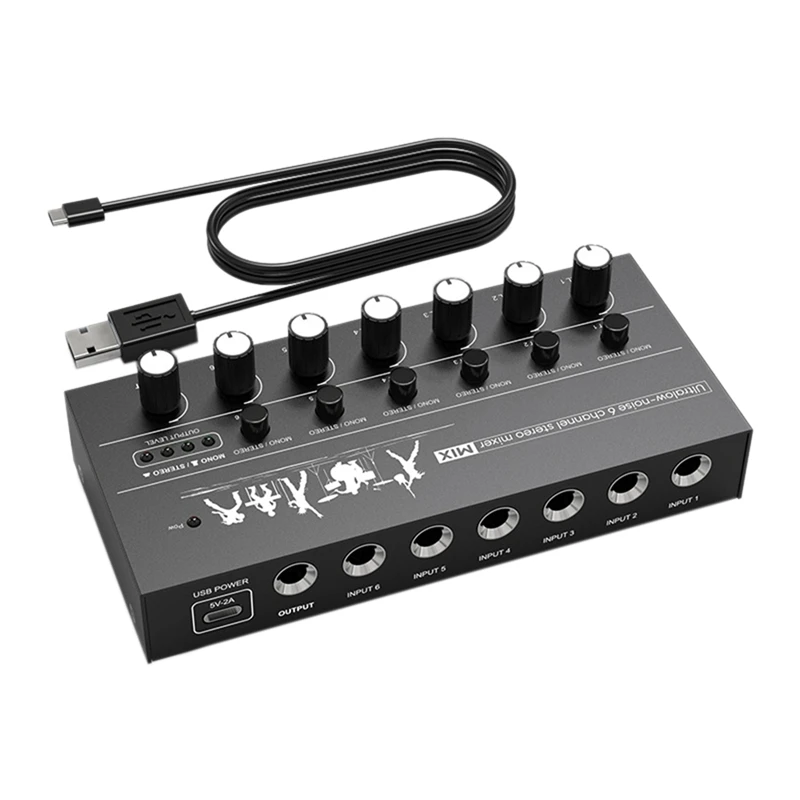 Compact 6-Channel Audio Mixer Ultra Low Noise, High Performance Stereo Mixer For Guitars, Bass, Keyboards