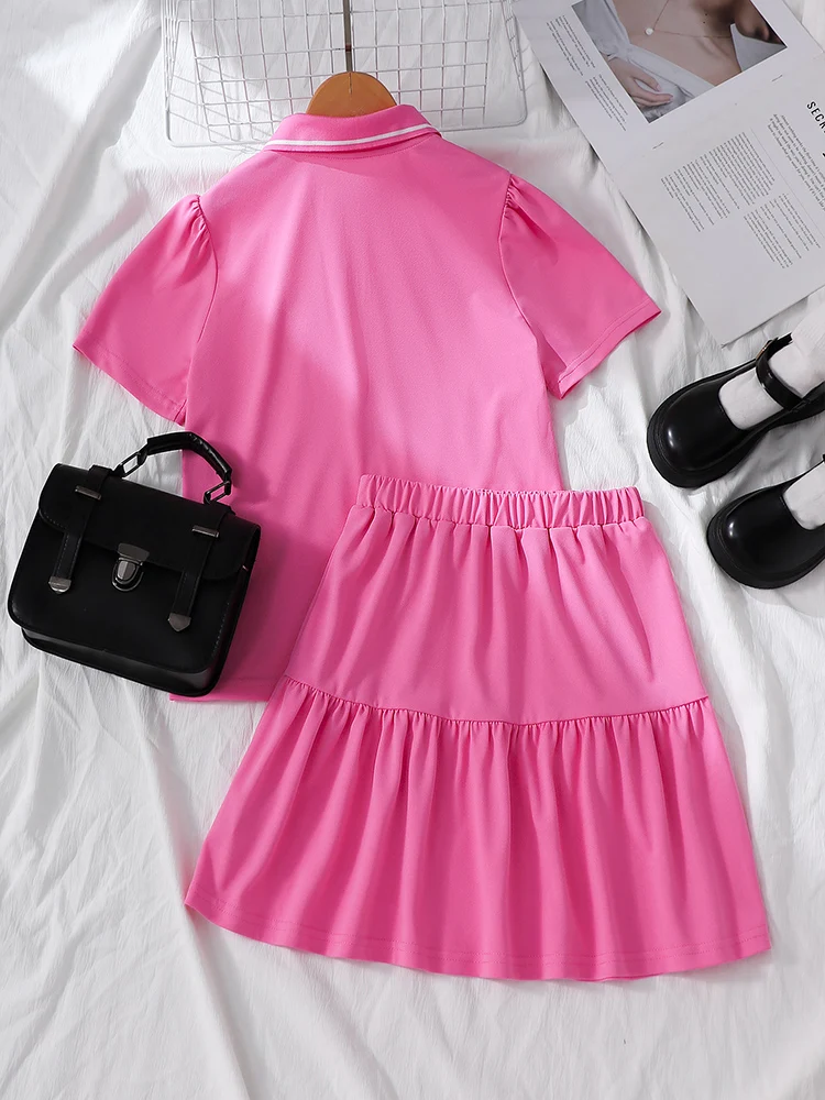 Spring/Summer Girls' High School And College Campus Style Badge Solid Color Polo Short Sleeve&Bow Half Skirt Two Piece Set