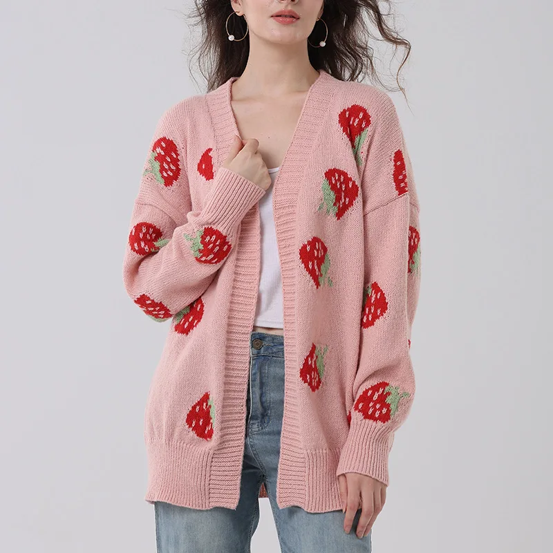 Cardigan for Women Autumn Winter Cozy New Casual Strawberry Pattern All-match Knitted Sweaters Sweet Cute Girls Korean Fashion