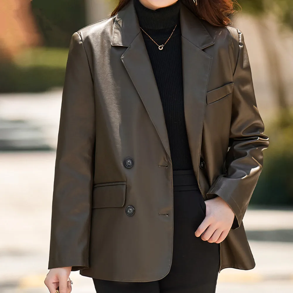 Black Soft Leather Blazer Women Long Sleeve Double Breasted Loose Casual Coats Korean Pockets Suit Jacket Oversized Streetwear