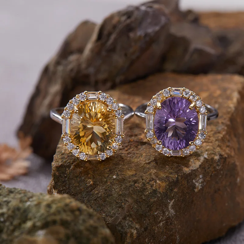 AETEEY S925 Silver Natural Yellow Amethyst Ring Big Carat Unique Color Gem Women Index Finger Jewelry