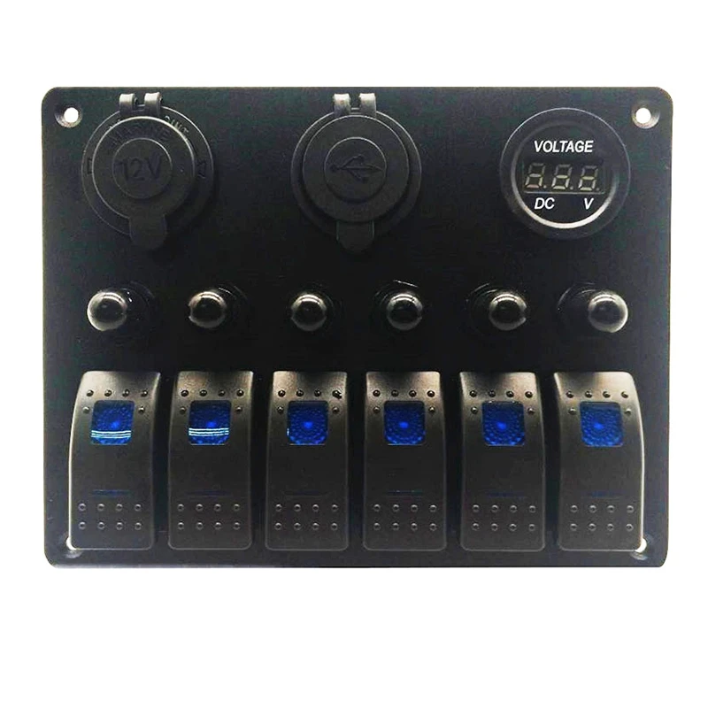 

Waterproof 6 Gang Toggle Rocker Switch Panel Car Marine Boat Circuit LED Breaker Voltmeter Aluminum Panel