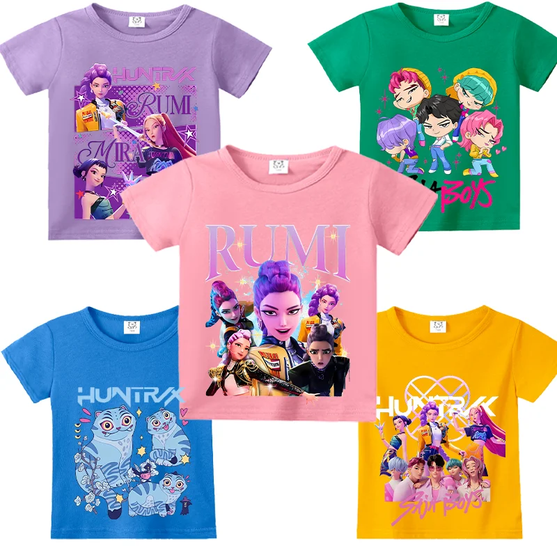 

Kpop Demon Hunters, детская одежда, футболка с короткими рукавами и рисунком аниме, милые топы, рубашки в стиле Харадзюку, повседневная футболка для мальчиков и девочек, подарок