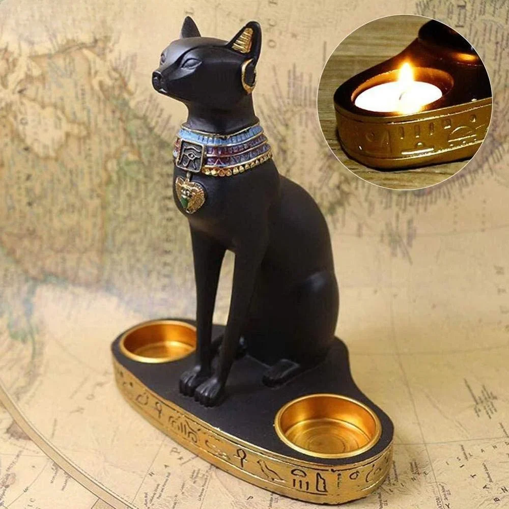 

Egyptian Cat Craft Candlestick Candle Holder Resin Statue Retro Cat Goddess Figurine Home Office Garden Decoration Gift Ornament