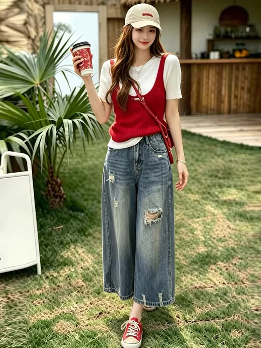 

High Waist Wide Leg Jeans Women's Summer Loose Fit Ripped Denim Pants plus Size Straight Cut Trousers Casual High Waist Jeans