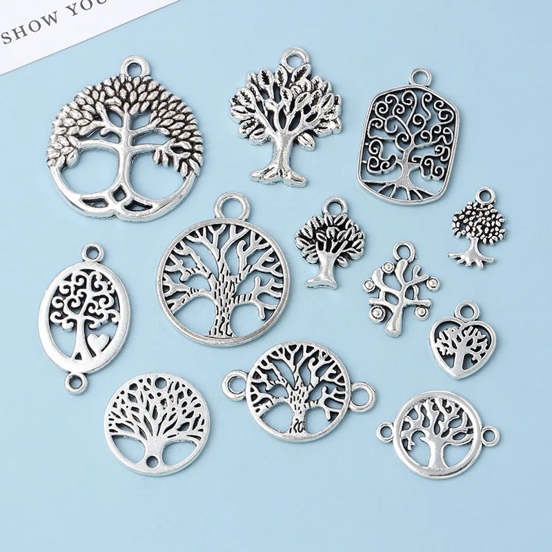 10pcs DIY Vintage Silver Round hollow Tree of Life Pendant Earring Creative Alloy Accessories Material charms for jewelry making