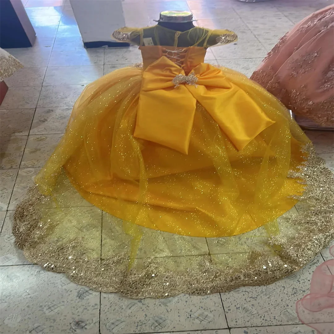 Vestido de niña de flores dorado personalizado para boda, tul brillante, apliques plateados, lazo, fiesta de cumpleaños para niños, vestido de baile de primera comunión