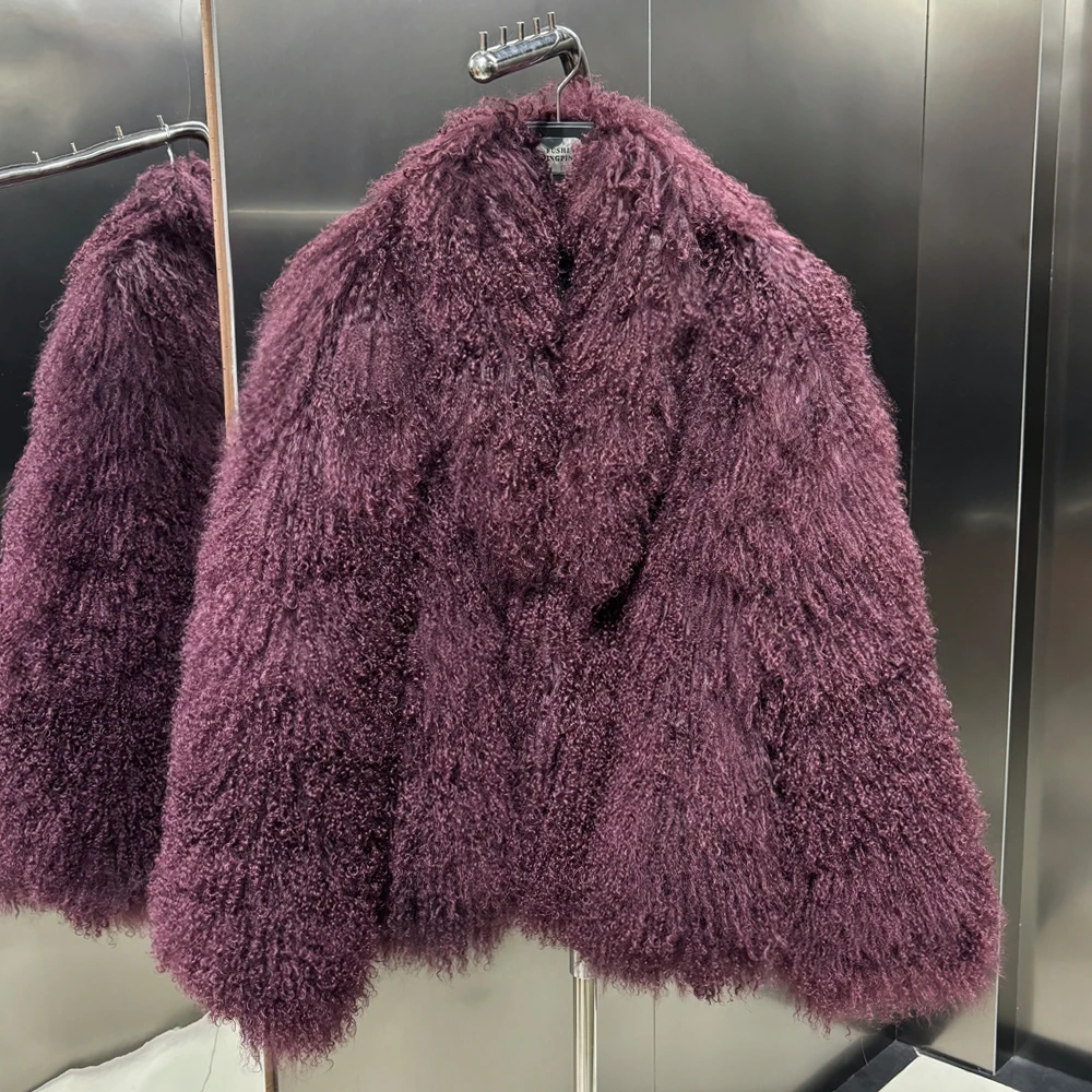 Burgundy Mongolia Sheep Fur Jacket Women Real Fur Jacket Female Winter Warm Outerwear