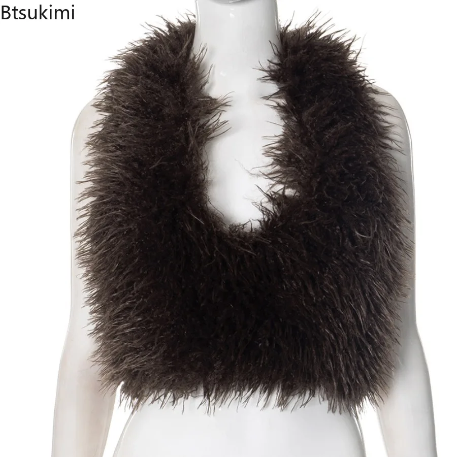 2025 Sexy Brown Faux Fur Waistcoat Women Furry Backless Bandage Halter Crop Vests Coats Fashion Warm Outerwear Y2K Streetwear