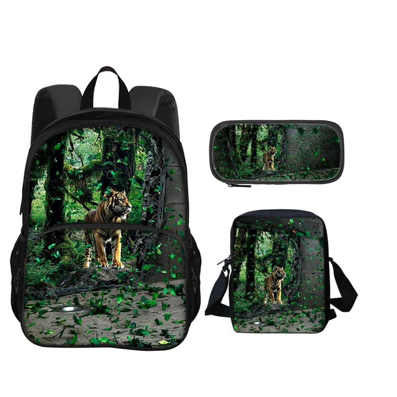 Tiger round front bag backpack pencil case shoulder bag 3Pcs set animal print perfect gift for boys and girls' school birthdays