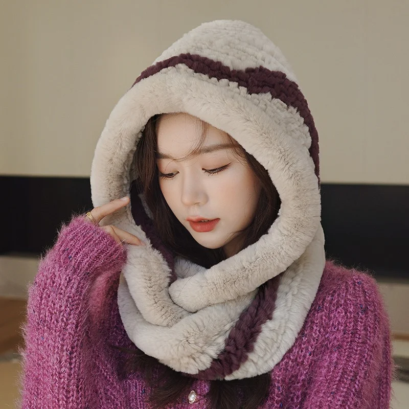 

Korean Winter Warm Woven Fur Hat Ladies Luxury 100% Rex Rabbit Fur Scarf Hat New Outdoor Soft Cold Prevention Scarf Hat