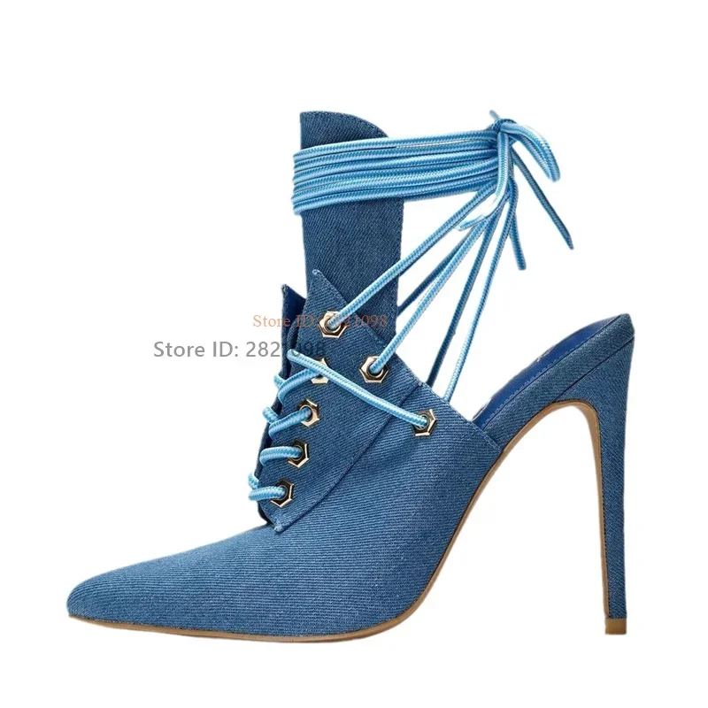 

Demin Blue Jeans Lace Up Pointed Toe High Heel Pumps Women Slingback Heeled Pointy Dress Shoes Designer Pumps