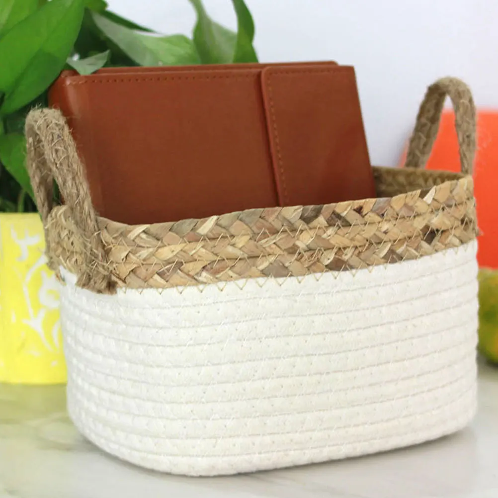 

Storage Basket Handle Design Cotton Rope Desktop Snack Organizer Multifunctional Sundries Holder Portable Book Storage