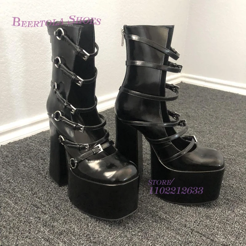 Black Striped Cutout Platform Sandals Boots Girl Buckle Bling Zipper Leather Ankle Chunky Heel Booties Elegant Dress Spring Shoe