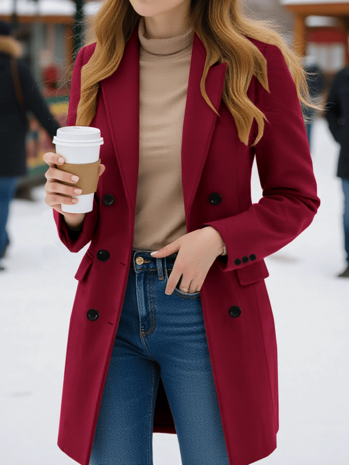 Women's Essential Double-Breasted Woolen Blend Coat, Classic Simple Overcoat for Autumn Winter Warmth