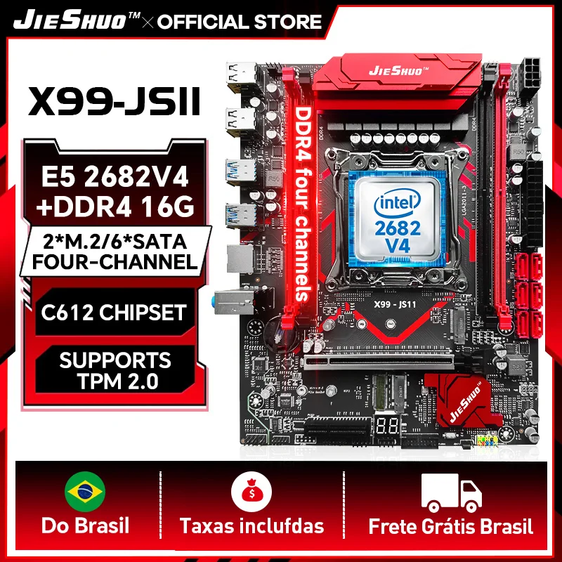 Jieshuo X99 placa-mãe combo 2682 v4 Xeon placa-mãe CPU set V4 DDR4 canal duplo, LGA2011 suporta 64 GB, SATA 3.0, NVMe M.2