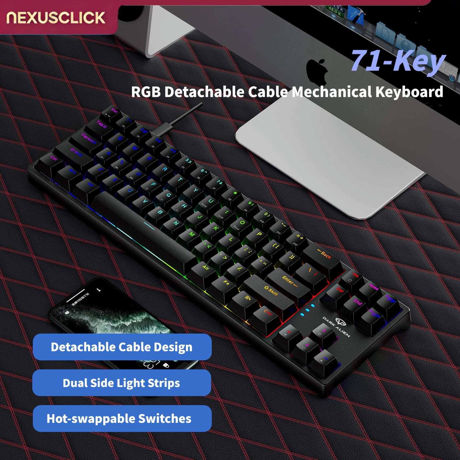 NexusClick K710 Wired Mechanical Keyboard,Hot Swappable Blue Switch RGB Backlit Detachable Keycaps Type-C Cable Gaming Keyboard