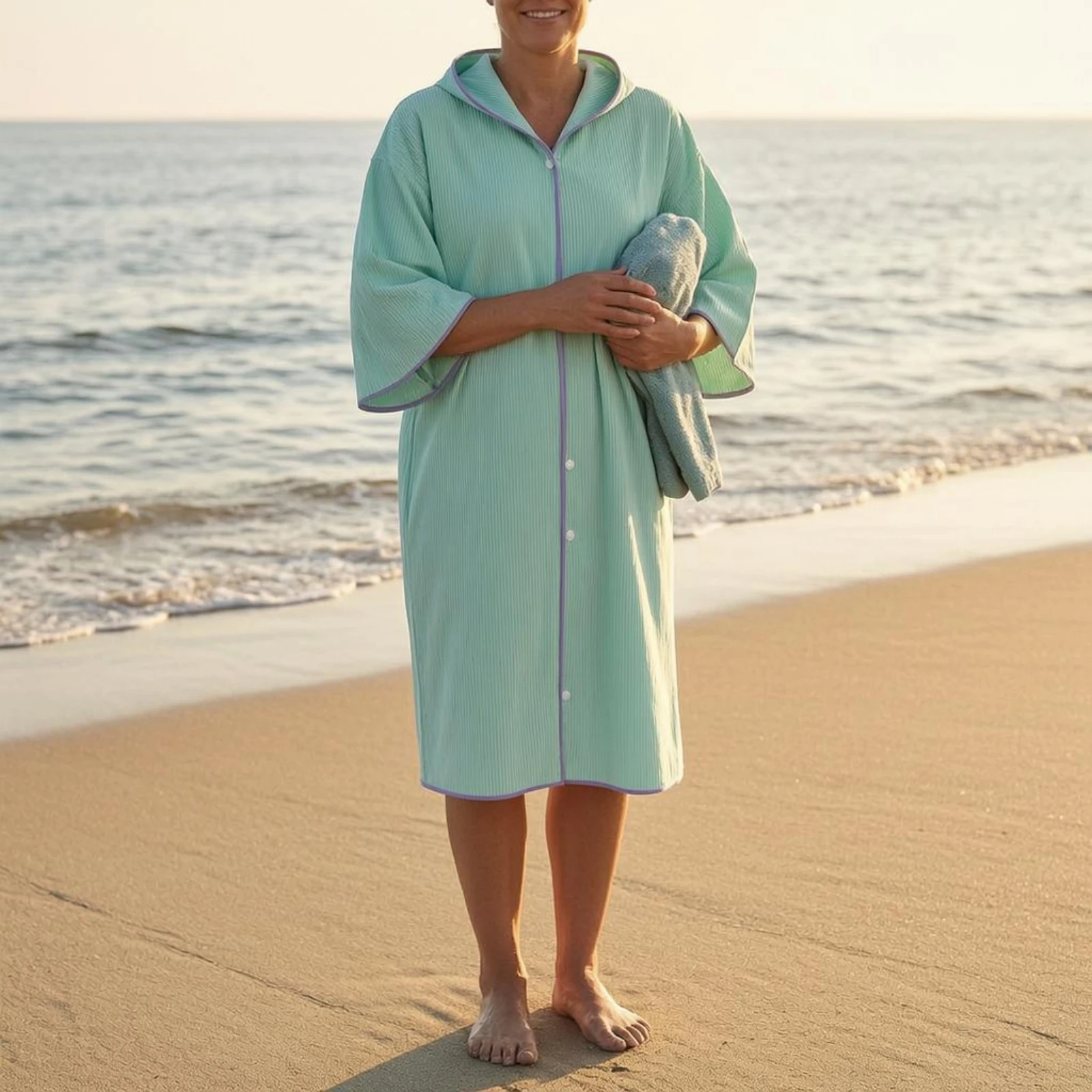 Hooded Swim Cover up Ribbed Hooded Cover-up Robe Beach Robe Quick-Dry Dressing Gown Button-Front for After Swimming