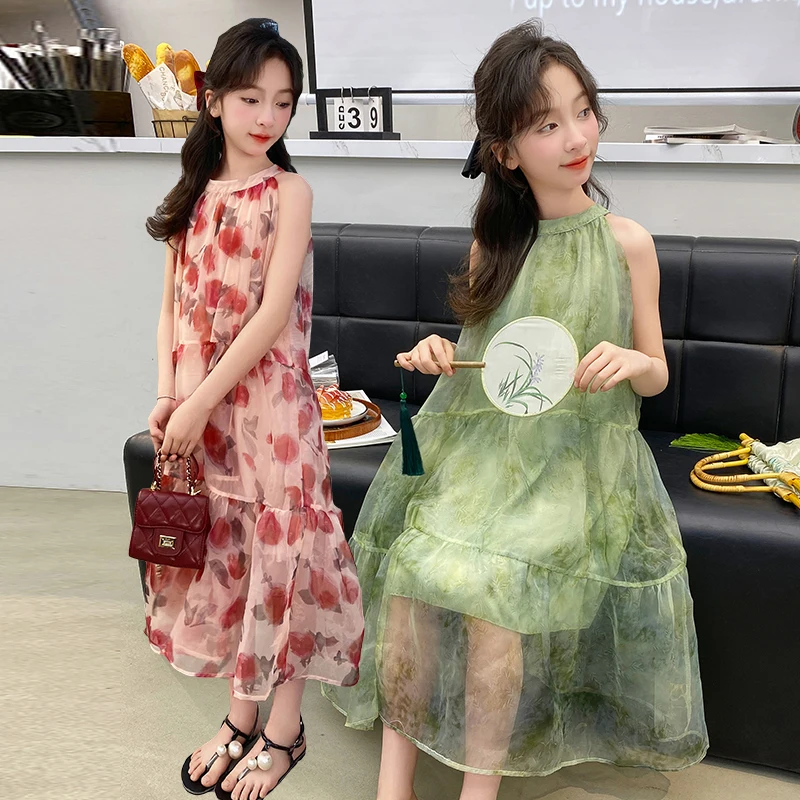 2025 new summer girls' vacation style dress Chinese style sleeveless vest children's princess dress cheongsam baby cake skirt