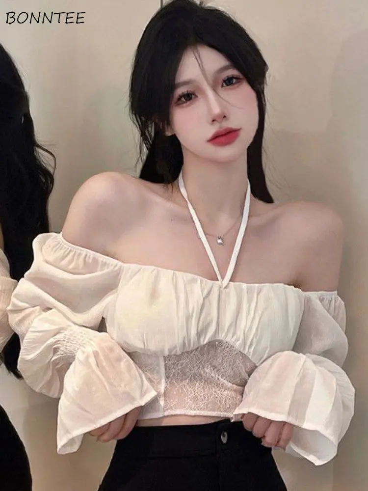 Slash Neck Blouses Women Lace Sheer Korean Style Spring Bandage Sweet Fashion Popular Ladies Temperament Princess Flare Sleeve