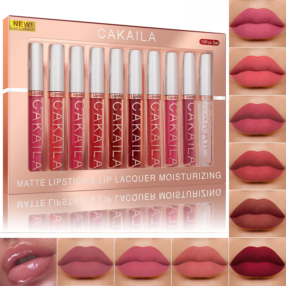 10Pcs/Box Lips Makeup Set Matte Liquid Lipstick + Lip Oil Waterproof Nude Velvet Lip Gloss Kit Korean Cosmetics Lipgloss Make Up