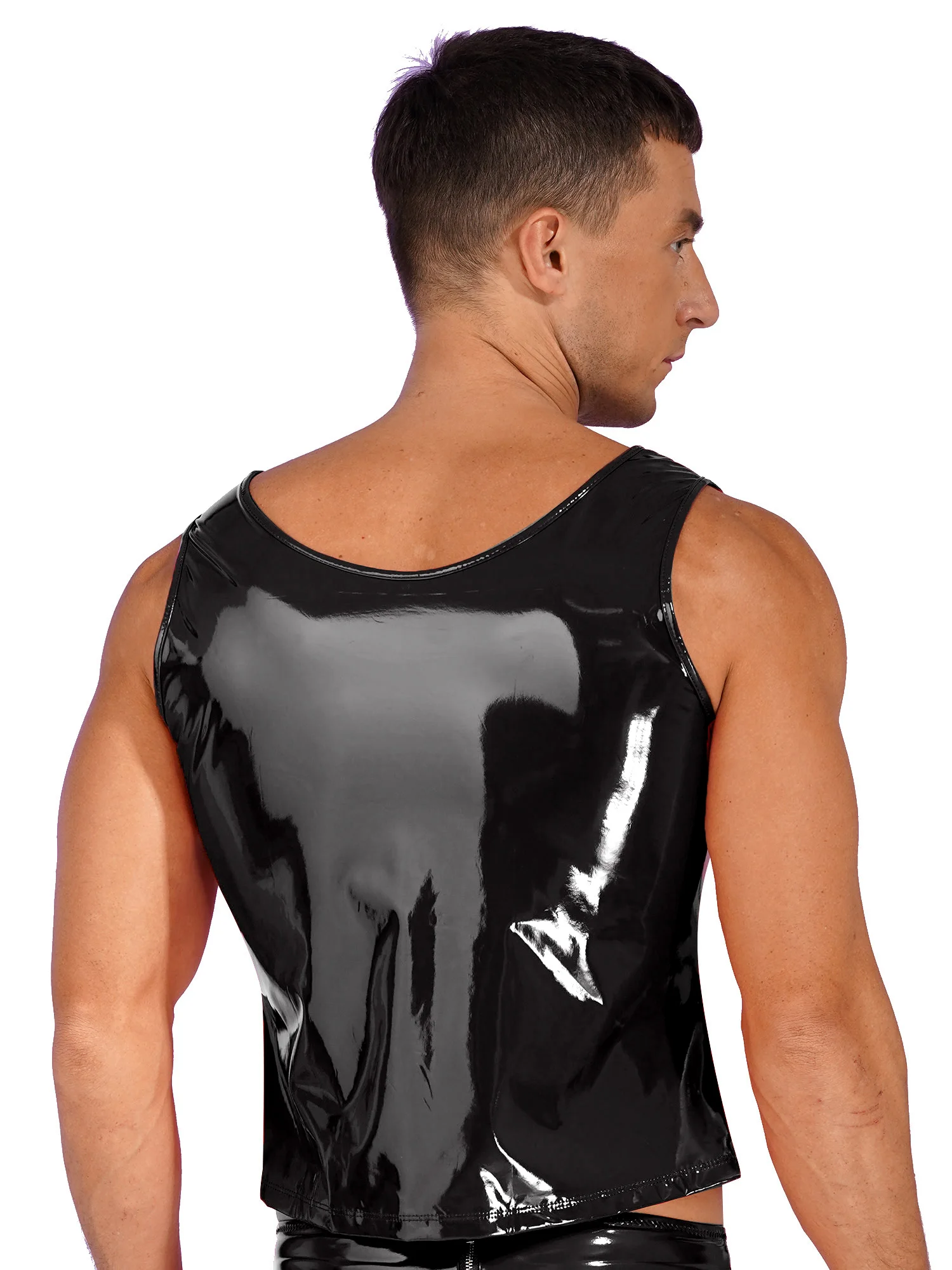 Mens Fashion Crop Tops Wetlook Patent Leather Tank Top U Neck Sleeveless Vest for Clubwear Party Pole Dancing Stage Costumes