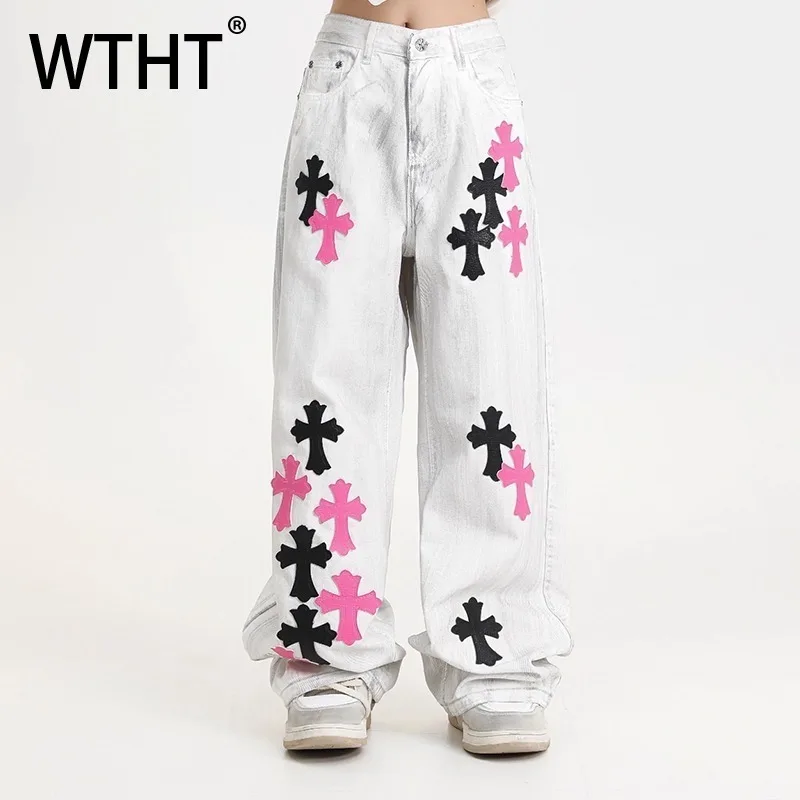 WTHT Fashion Men‘s Embroidery Contrast Color Loose Denim Pants Trendy High Street Straight Wide Leg Jean Male 2025 Summer 2A1315