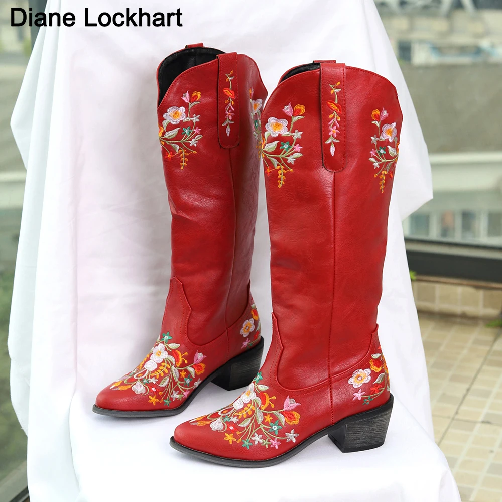 Botas con bordado de flores Vintage para mujer, botas vaqueras occidentales, trabajo informal, equitación, tacón grueso, novedad