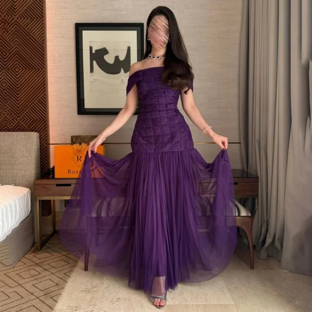 

Customized Exquisite Off The Shoulder Ruched Prom Dress Beading Charming Mermaid Zipper Party Dress Sexy Ruffles Evening Gown