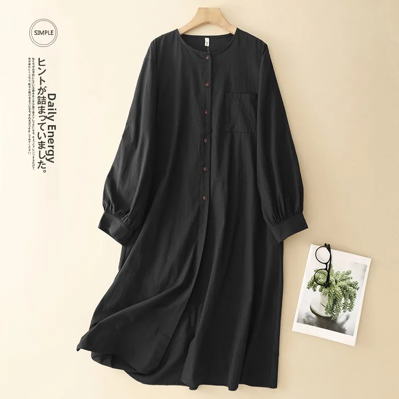 Spring 2026 Pure Color Single ket A-Line Long Sve irt Dr Women's plus Size Button up Slimming Dr Cotton Blend