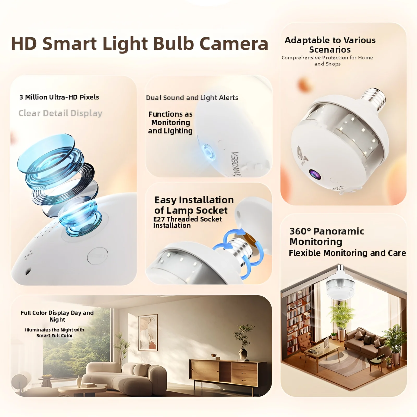 E27 Bulb WiFi Security Camera 1080P HD Wireless IP Color Night Vision Motion Alarm Home Surveillance Monitor with Two-Way Audio