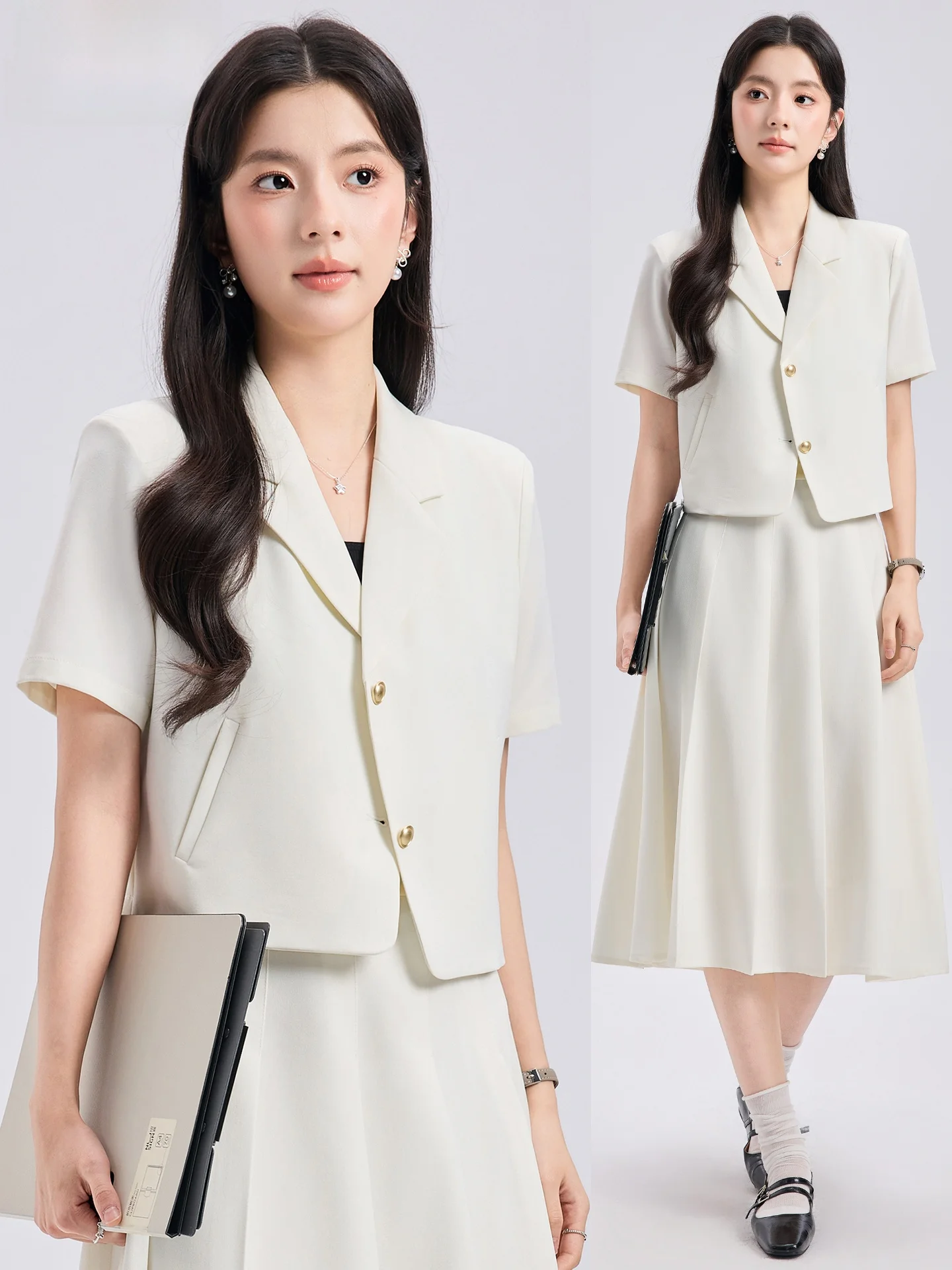 Light Beige Women's Suit Set Thin Short Sleeve Interview Formal Professional Skirt And Jacket Outfit Commute Style Polyester ...