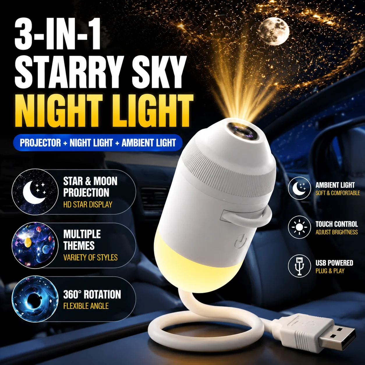 3in1 Intelligent Holographic Night Light Projector Plug Play HD Star Projector 360° Adjustable Galaxy Ocean Lamp Bedroom Ceiling