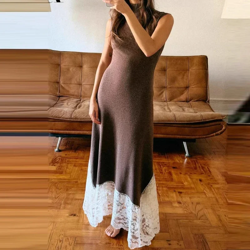 أزياء نصف الياقة العالية سليم صالح فستان طويل المرأة مثير أكمام فساتين السهرة أنيقة الدانتيل الربط بلون حزب اللباس #1