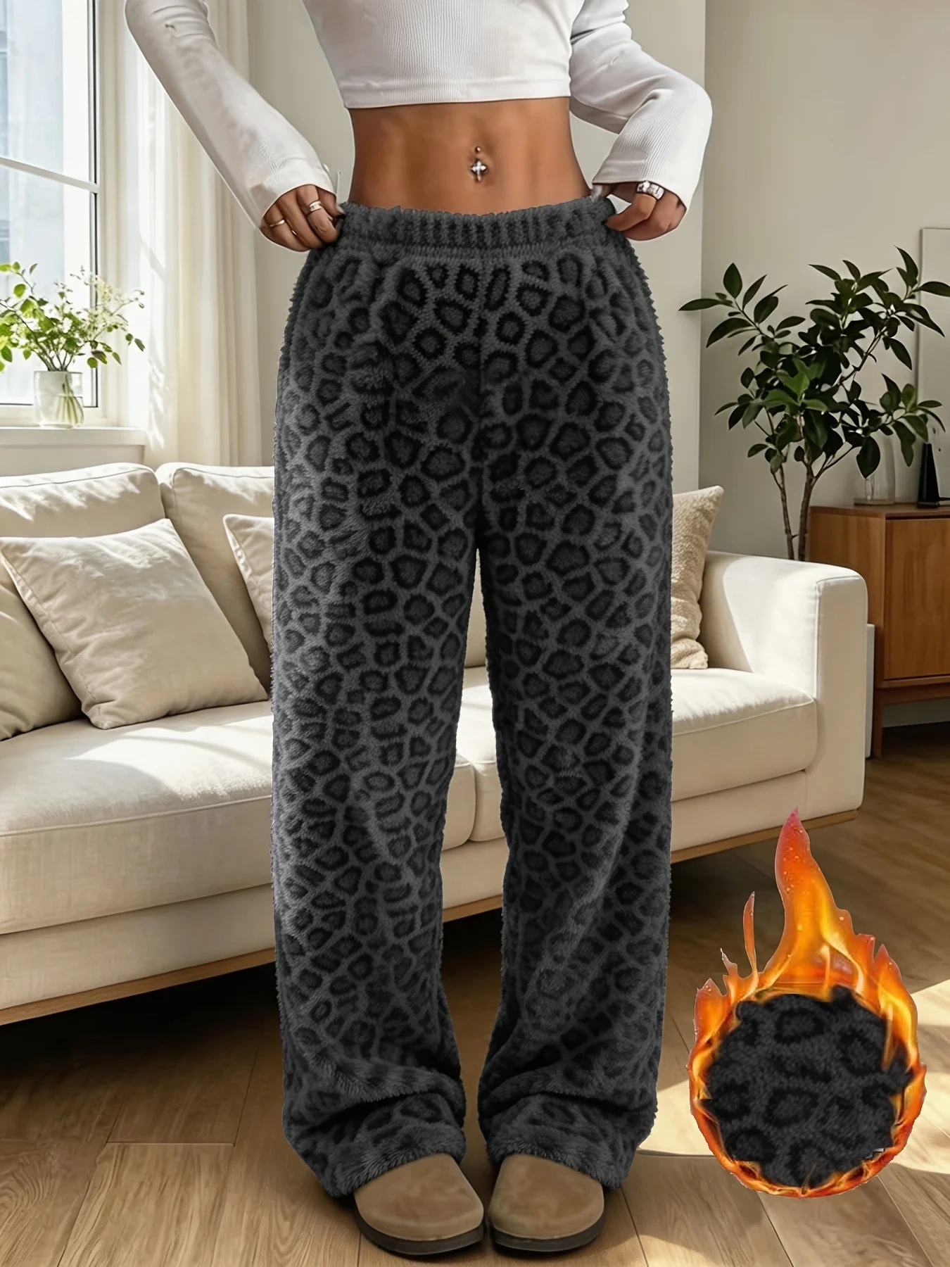 Women's Cute Leopard Print Patterned Casual Plush Pants, Suitable for Women's Daily Wear and Home Outfits