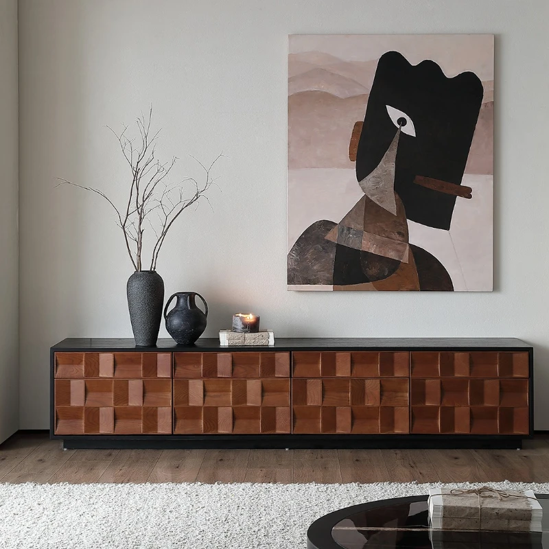 

Mid-Century Solid Wood TV Cabinet Black French Retro 2025 New Floor-to-ceiling Living Room Home Designer Floor Cabinet