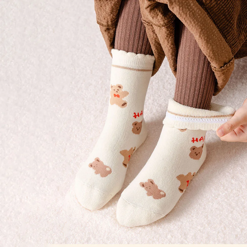 5 Paar Kinder-Winter-Thermo-Frotteesocken, niedliche Bärenmuster, dicke, warme, mittelhohe Socken für Jungen und Mädchen, 1–14 Jahre, weiche, nahtlose Zehensocken. – Detail 5