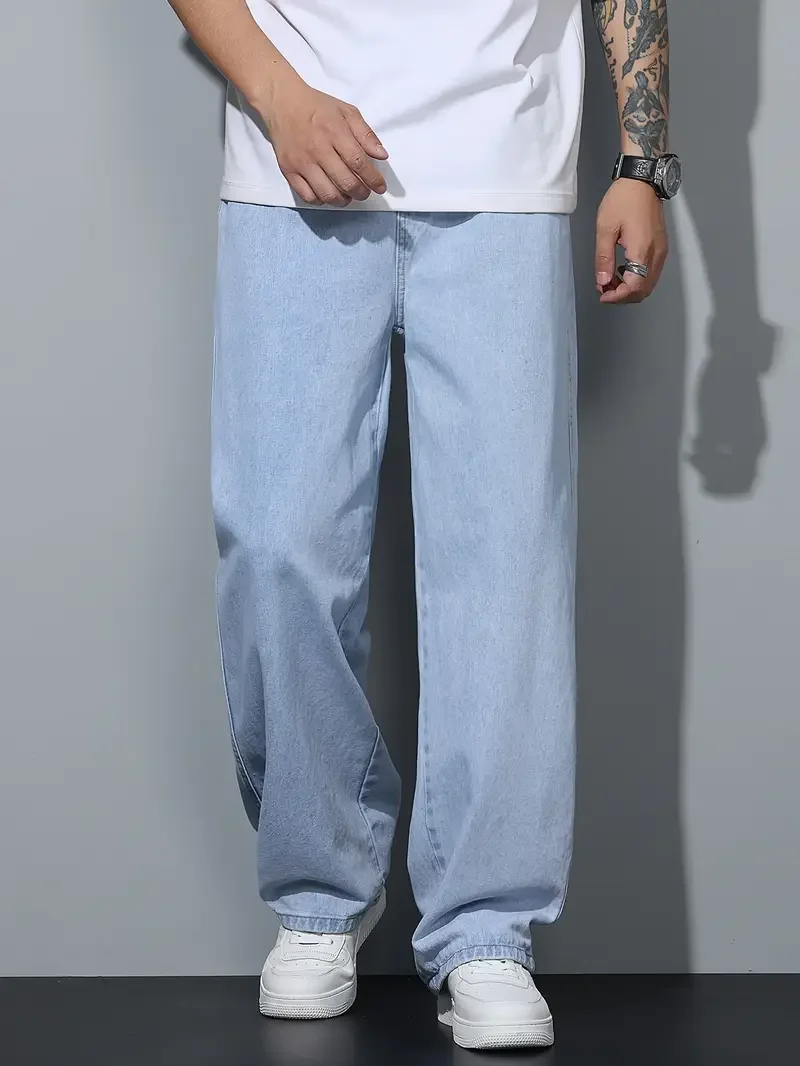 

Винтажные мужские джинсы прямого кроя светло-голубого цвета, с эффектом потертости, свободного кроя, модные и удобные.