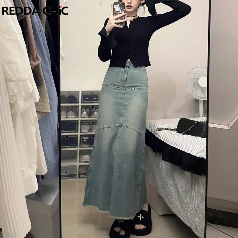 

REDDACHiC Tall Girl Friendly Denim Skirt Fishtail Sexy Low-waist Maxi Long Jeans Bottoms 90s Vintage Women Grunge Y2k Streetwear