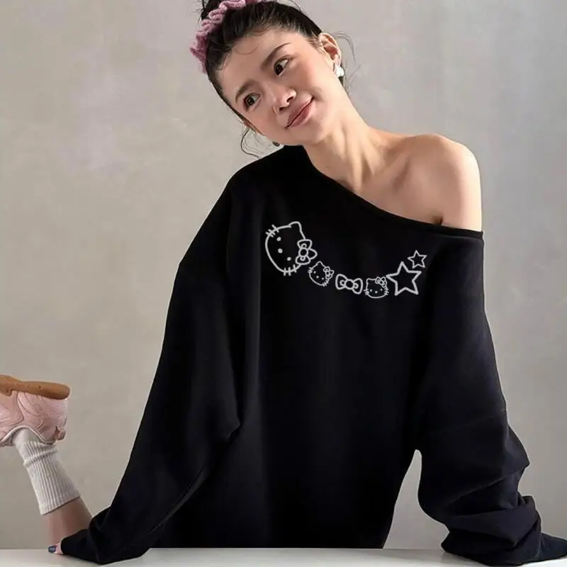 

Sanrio HelloKitty Girl, хлопковая рубашка Kawaii в стиле аниме, студенческая повседневная рубашка с длинными рукавами на весну и осень, новый топ с круглым вырезом