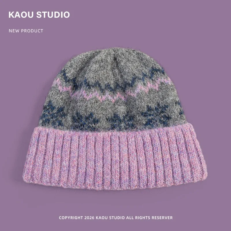 Japanische Jacquard-Strickmütze im Fair-Isle-Stil mit Farbblock-Design für Damen, Winter, verdickt, warm, mit Ohrenschutz, Ski-Beanie-Mütze – Detail 4