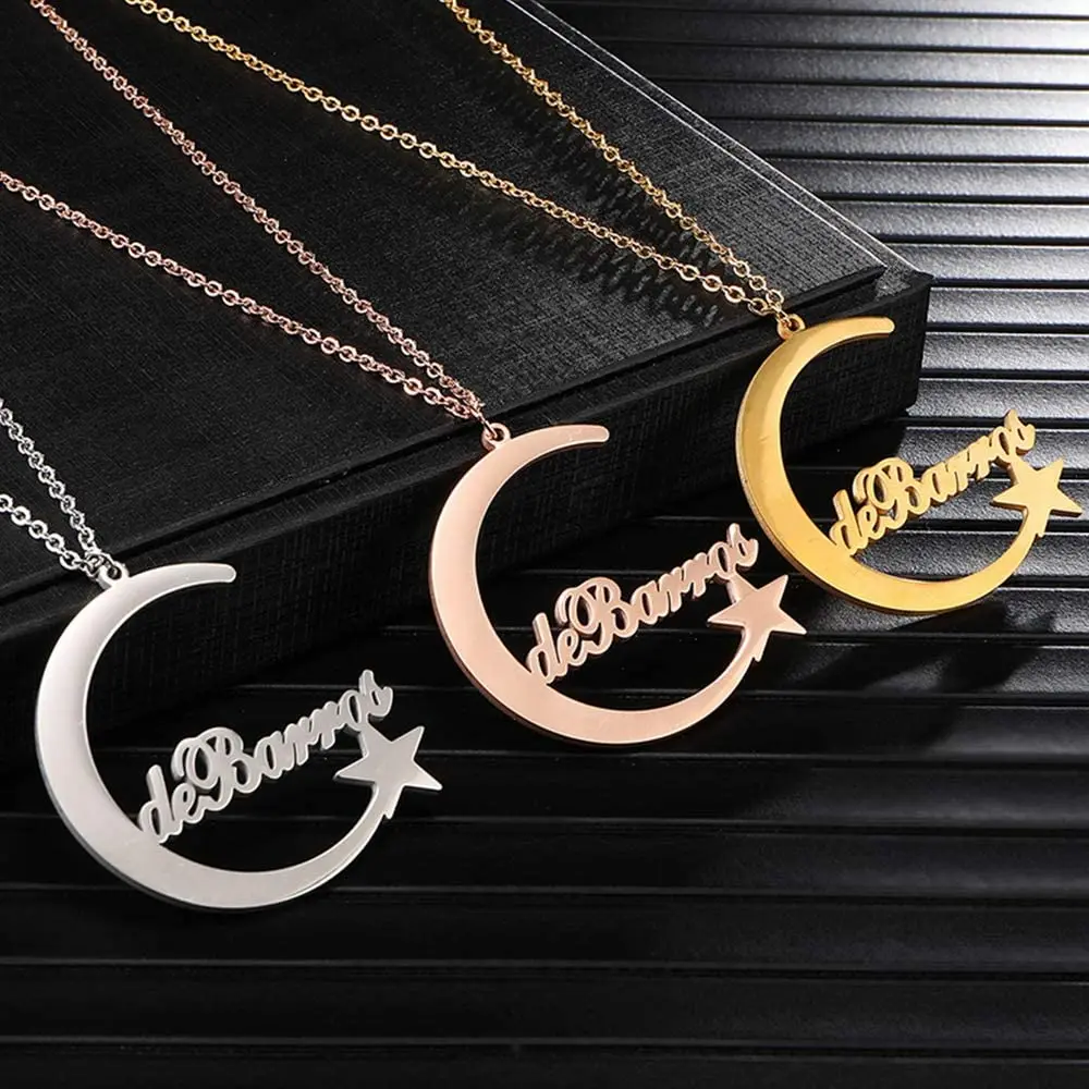 Luxury Star and Moon Necklace Women Personalized Stainless Steel Name Necklace Waterproof Neck Chain with Pendant Charm Necklace