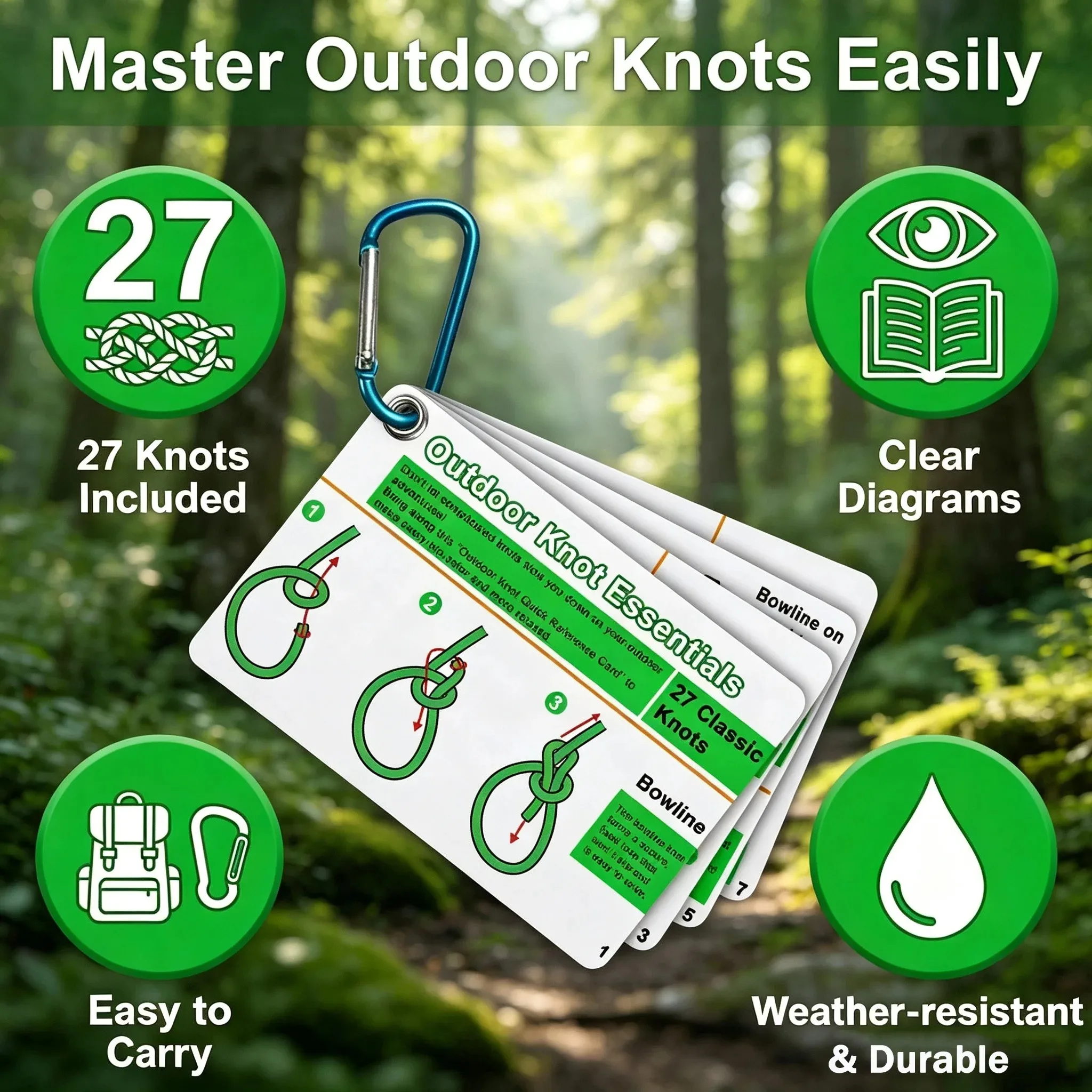 Includes 27 Rope Knots Rock Climbing Knot Cards,with Mini Carabiner to Clipping,Waterproof Knot Tying Cards Ultimate Knot Guides